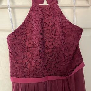 Wine colored bridesmaids dress worn 1. Lace, slit, floor length, size 4